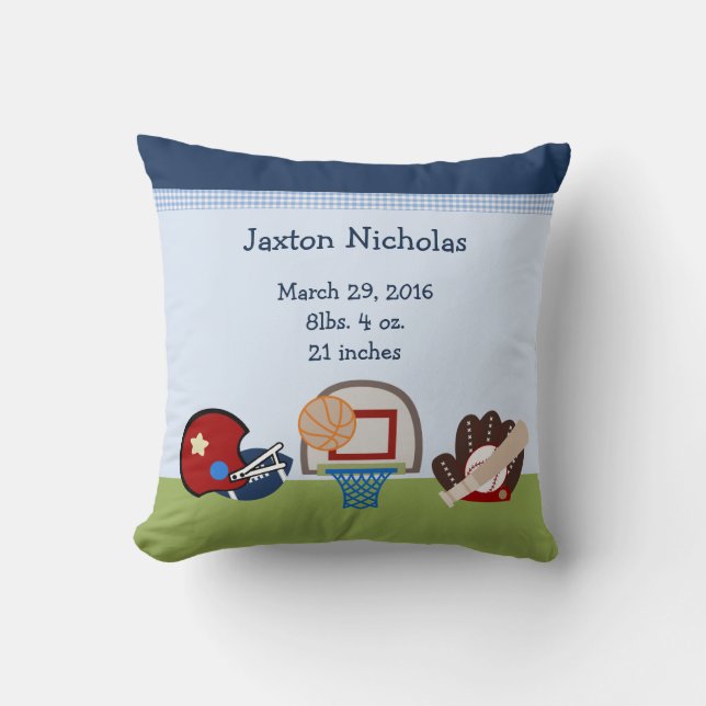 Personalized Varsity Sports Baby Keepsake Throw Pillow (Front)