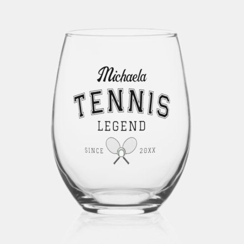 Personalized Varsity Style Tennis Legend Stemless Wine Glass