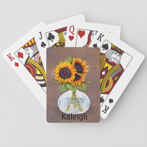Personalized Vase of Orange Sunflowers on Brown Poker Cards