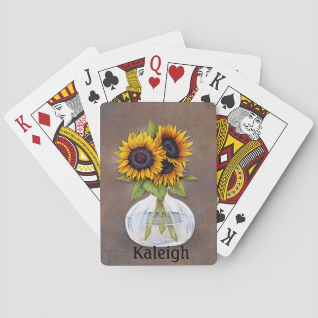 Personalized Vase of Orange Sunflowers on Brown Poker Cards (Back)