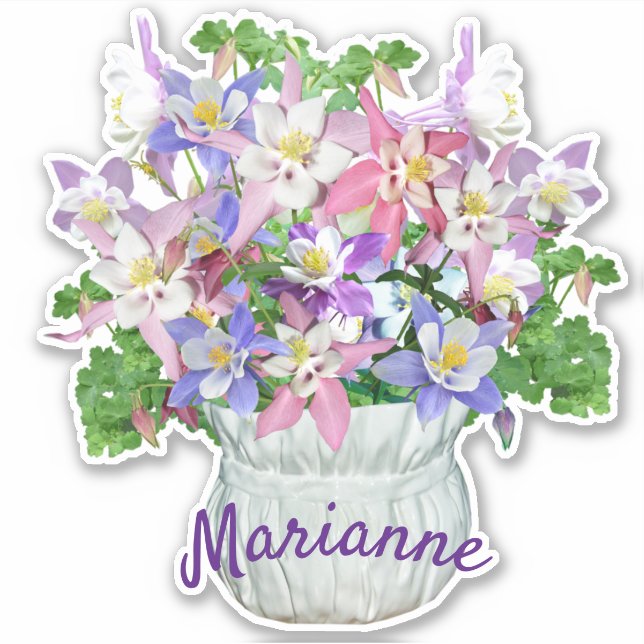Personalized Vase of Pretty Columbine Flowers Sticker (Front)