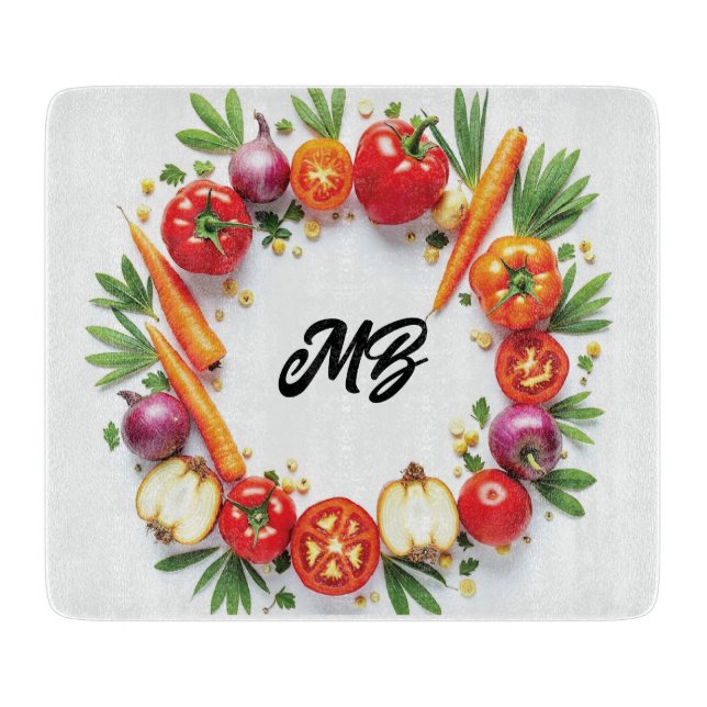 Personalized Vegetable Wreath Glass Cutting Board (Front)
