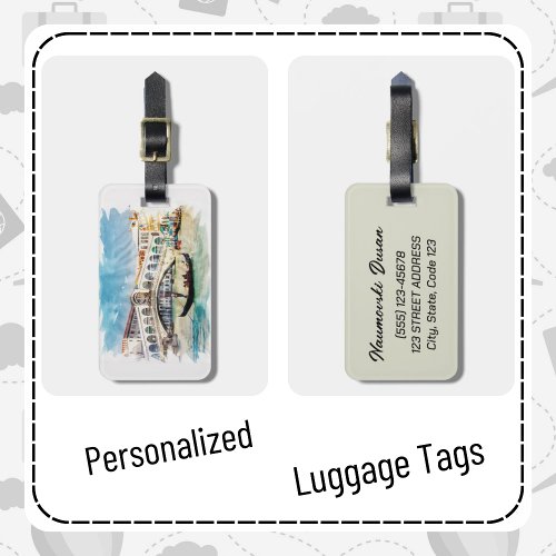 Personalized Venice Italy Travel Art Watercolor Luggage Tag