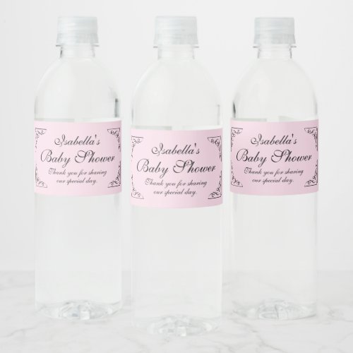 Personalized very chic pink girls baby shower water bottle label