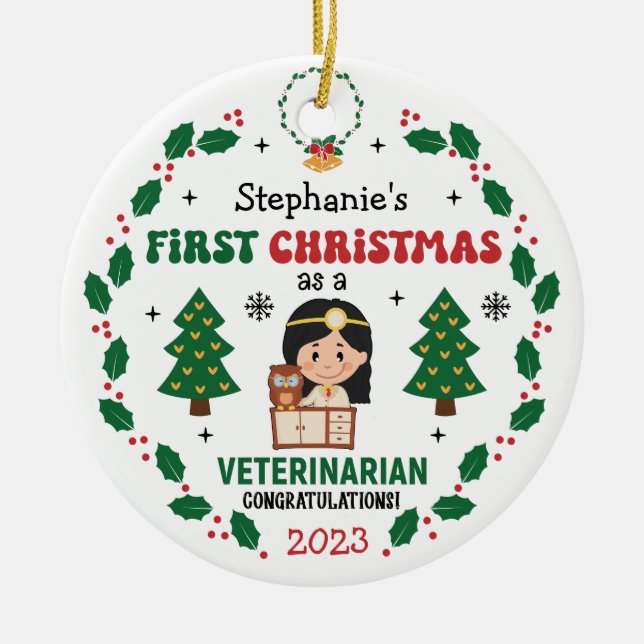 Personalized Veterinarian First Christmas Tree Ceramic Ornament (Front)