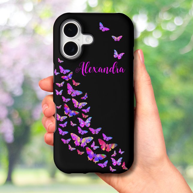 Personalized Vibrant Butterfly Pink Purple Black Case-Mate iPhone Case (Personalized name Bold vibrant butterfly art stylish modern pink purple black iPhone case)