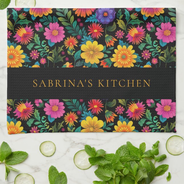 Personalized Vibrant Floral Pattern Dark Kitchen Towel (Folded)