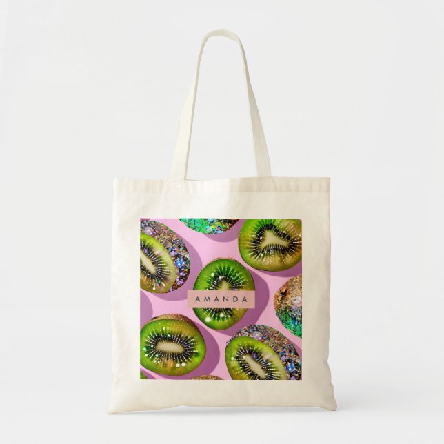 Personalized Vibrant Glitter Kiwi Pop Art Design Tote Bag (Front)