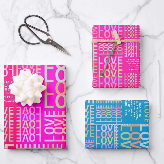Personalized Vibrant Hot Pink, Blue "LOVE" Couple Wrapping Paper Sheets (Front)