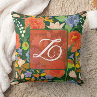 Personalized vibrant Jungle Floral Monogram  Throw Pillow