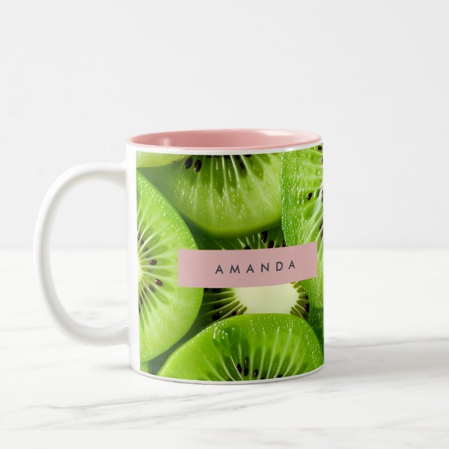 Personalized Vibrant Kiwi Fruit Design Two-Tone Coffee Mug (Left)