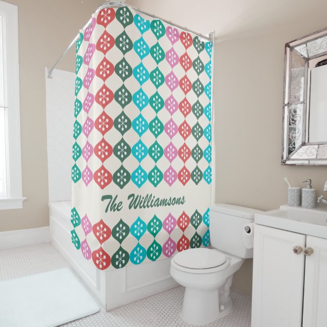 Personalized Vibrant Modern Christmas Geometric Shower Curtain (In Situ)