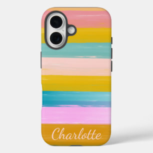 Personalized Vibrant Pastel Striped Brush Strokes iPhone 16 Case