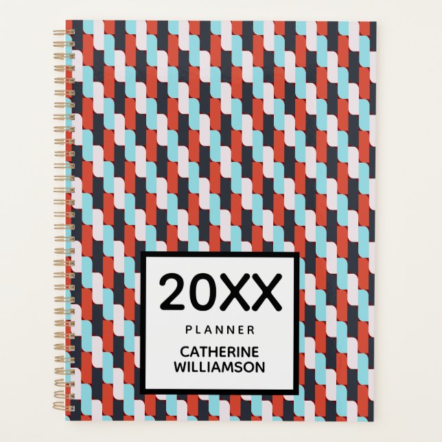 Personalized Vibrant Red Blue Geometric Pattern  Planner (Front)