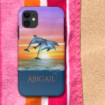 Personalized Vibrant Sunset Dolphins Jumping Ocean
