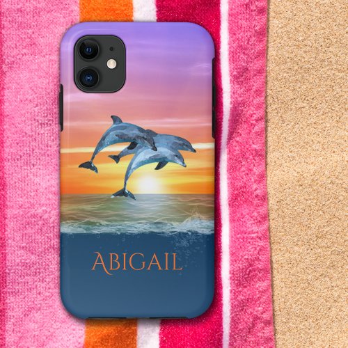 Personalized Vibrant Sunset Dolphins Jumping Ocean iPhone 11 Case
