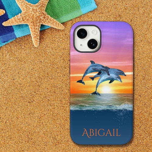 Personalized Vibrant Sunset Dolphins Jumping Ocean Case_Mate iPhone 14 Case