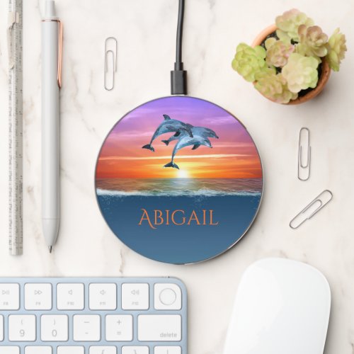 Personalized Vibrant Sunset Dolphins Jumping Ocean Wireless Charger