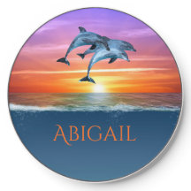 Personalized Vibrant Sunset Dolphins Jumping Ocean