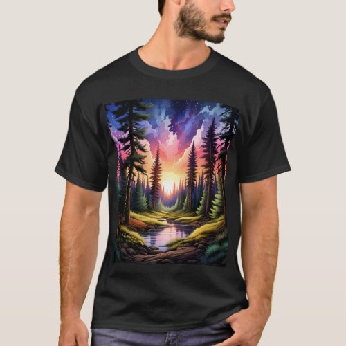 Personalized Vibrant Sunset Over Pine Tree Forest T_Shirt