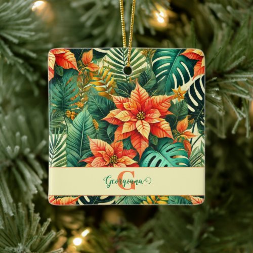Personalized Vibrant Tropical Christmas Poinsettia Ceramic Ornament