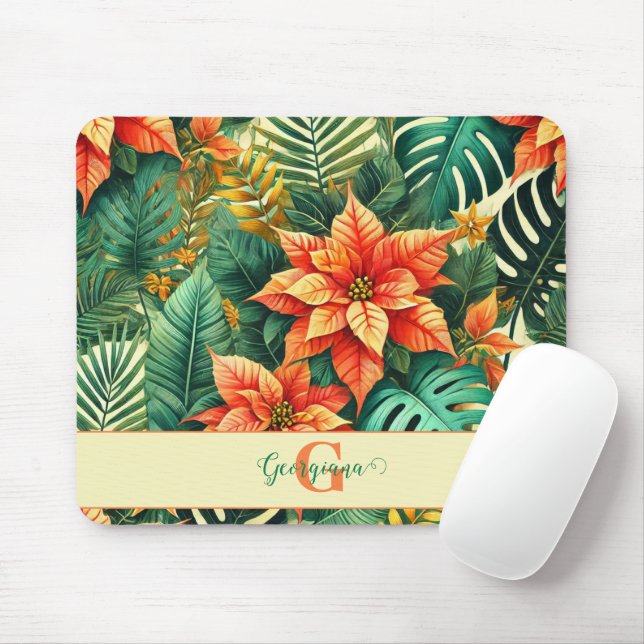 Personalized Vibrant Tropical Christmas Poinsettia Mouse Pad (With Mouse)
