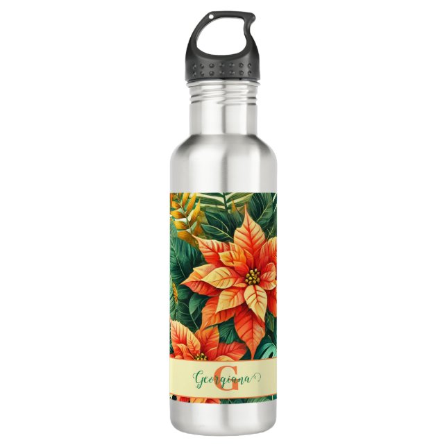 Personalized Vibrant Tropical Christmas Poinsettia Stainless Steel Water Bottle (Front)