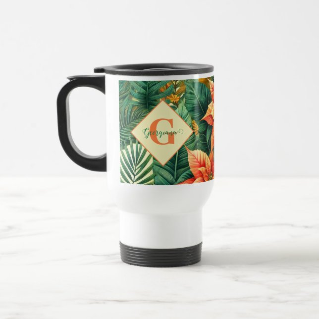 Personalized Vibrant Tropical Christmas Poinsettia Travel Mug (Left)