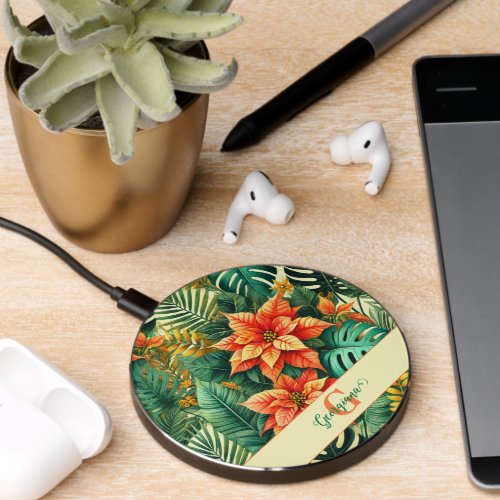 Personalized Vibrant Tropical Christmas Poinsettia Wireless Charger