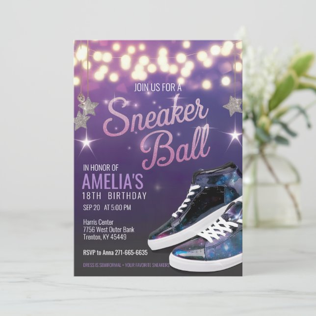 Personalized Vibrant Violet Sneaker Ball Birthday Invitation (Standing Front)