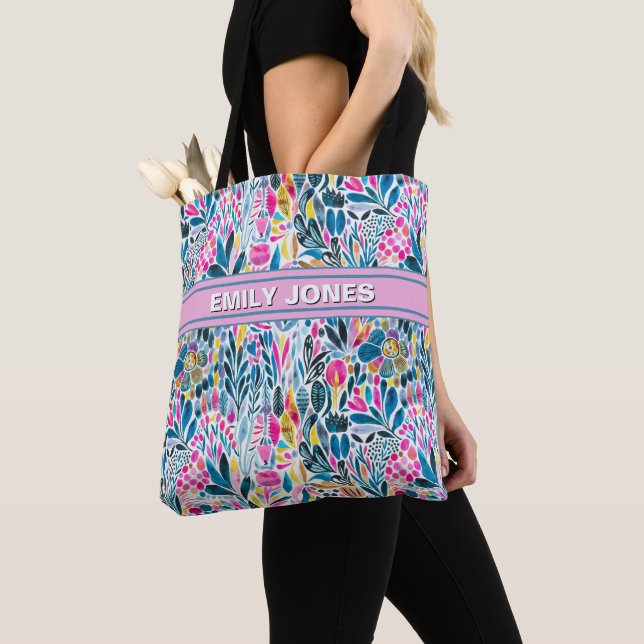 Personalized Vibrant Watercolor Floral Pattern Tote Bag (Close Up)
