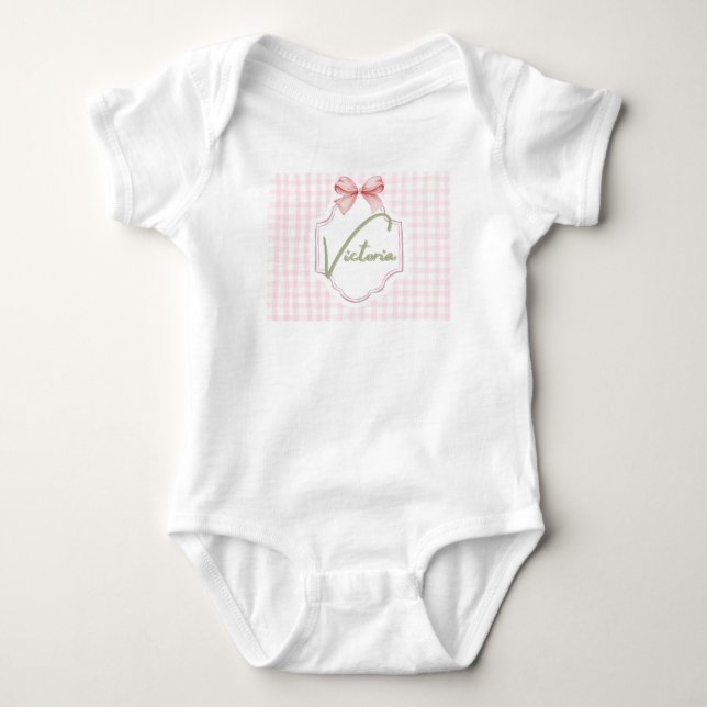Personalized Victoria Baby Girl Nursery Bow Baby Bodysuit (Front)