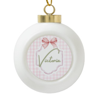 Personalized Victoria Baby Girl Nursery Bow Ceramic Ball Christmas Ornament