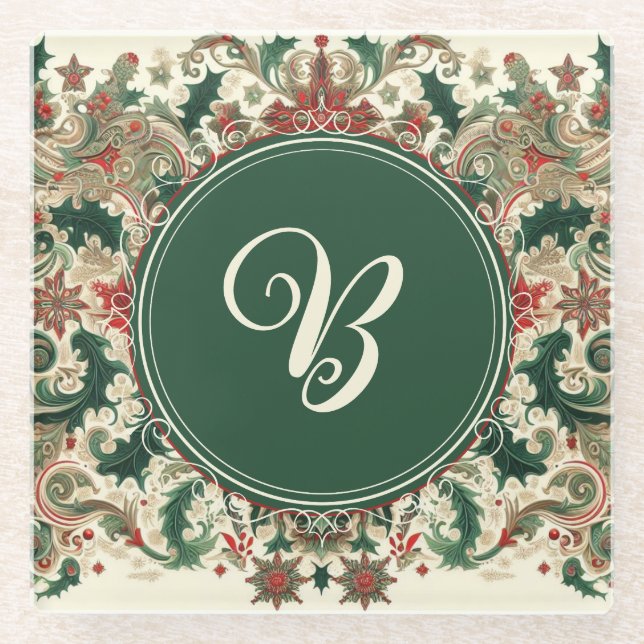 Personalized Victorian/Classic/Vintage Christmas Glass Coaster (Front)