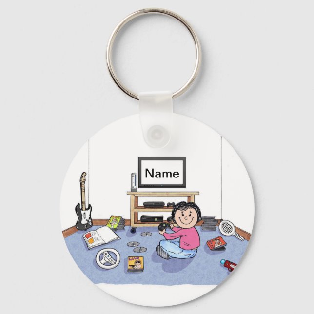 Personalized   Video Gamer - Female Cartoon Keychain (Front)