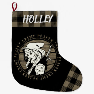 Personalized Viking Archer Maiden Runes Tan Black Large Christmas Stocking