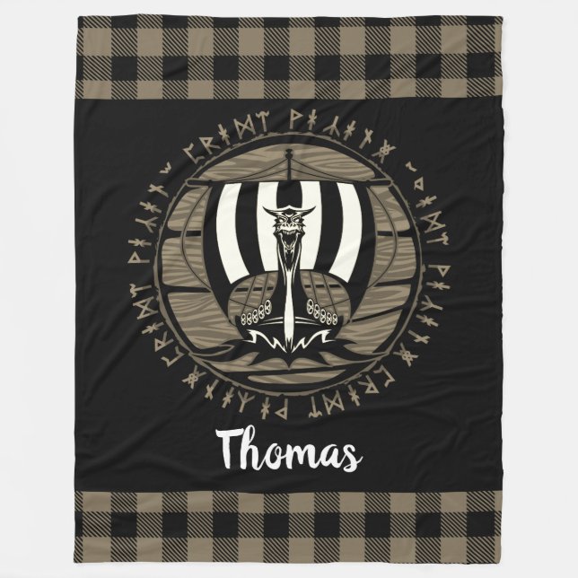 Personalized Viking Dragon Long Ship Runes Black Fleece Blanket (Front)