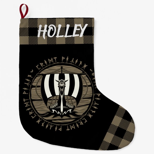 Personalized Viking Dragon Longship Sail Tan Black Large Christmas Stocking (Front)