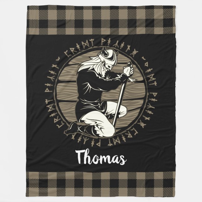 Personalized Viking Kneeling Prayer Rune Tan Black Fleece Blanket (Front)