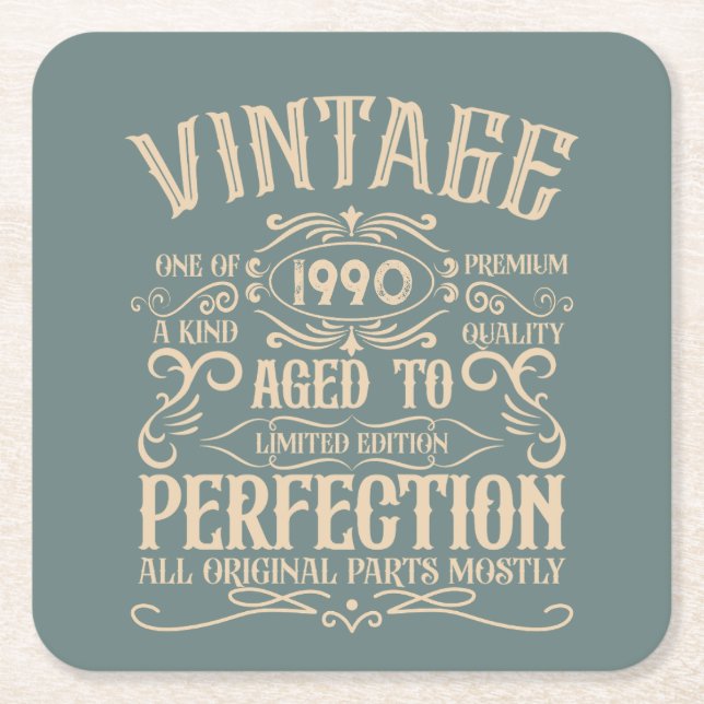 Personalized vintage 35th birthday party square paper coaster (Front)