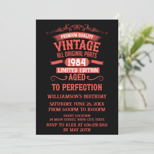 Personalized vintage 40th birthday red invitation