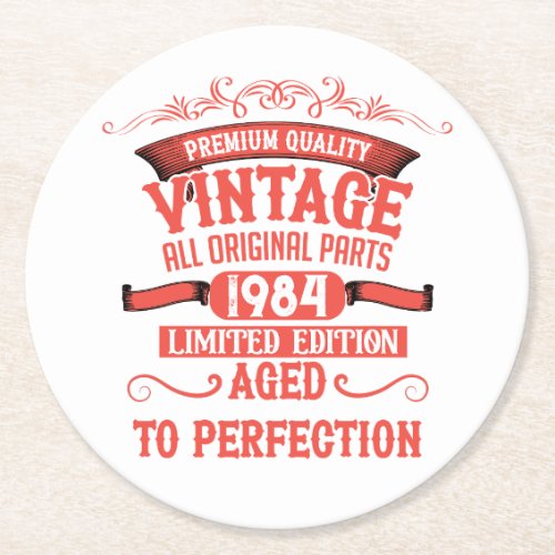 Personalized vintage 40th birthday red round paper coaster