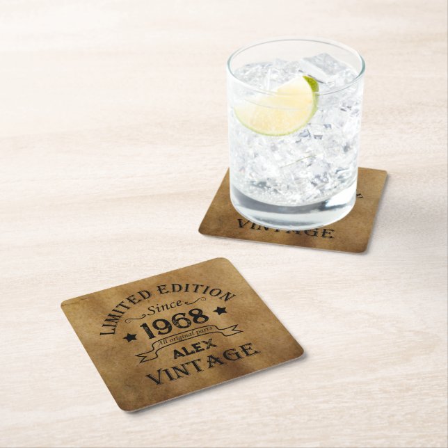 Personalized vintage 55th birthday party square paper coaster (Insitu)