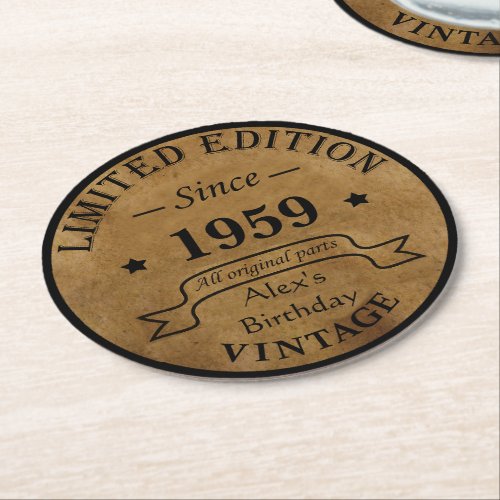 Personalized vintage 65 birthday round paper coaster