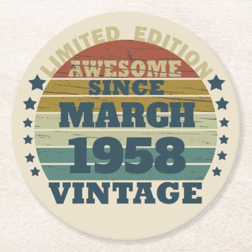 Personalized vintage 65th birthday gift round paper coaster