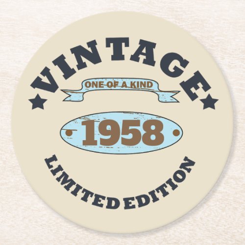 Personalized vintage 65th birthday gifts round paper coaster