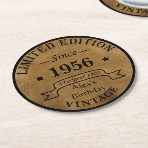 Personalized vintage 65th birthday gifts round paper coaster