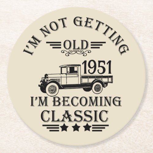 Personalized vintage 65th birthday mens gifts round paper coaster