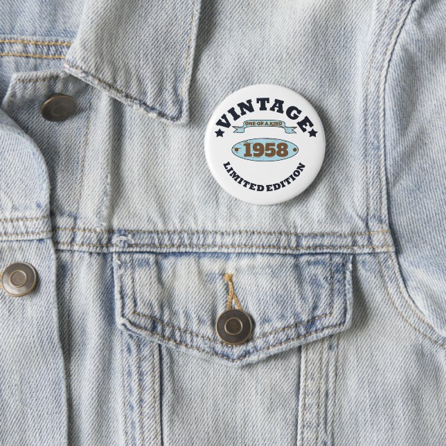 Personalized vintage 65th birthday party button (In Situ)