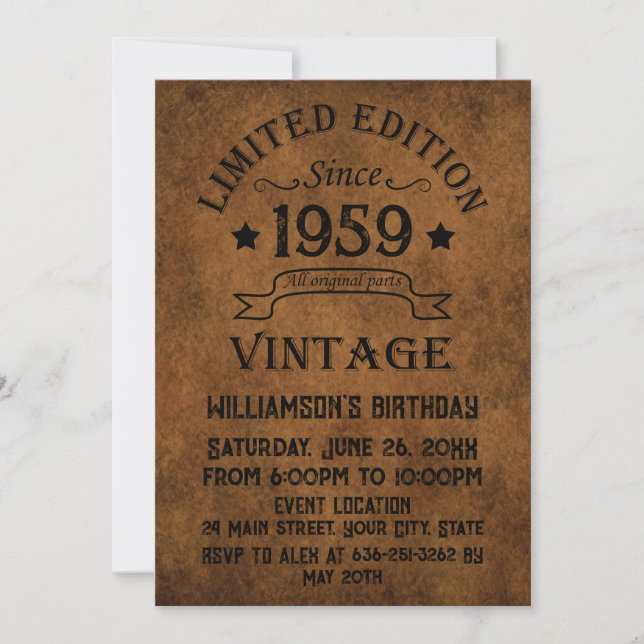 Personalized vintage 65th birthday party invitation (Front)